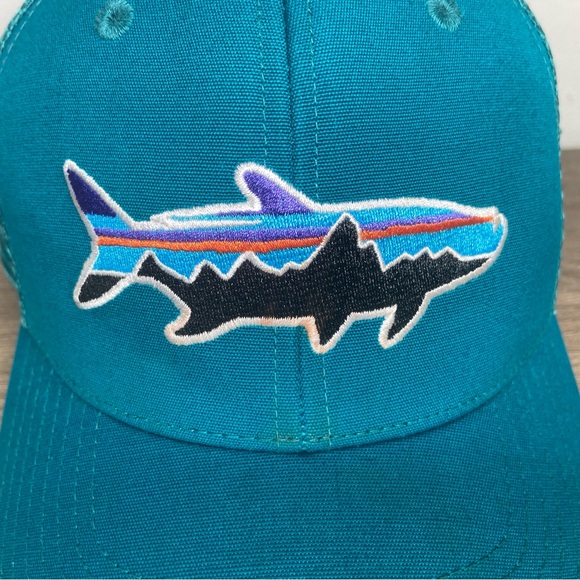 Patagonia Fitz Roy Trout Logo Trucker Hat Mens Snapback Mesh Cap Teal Adjustable - Picture 4 of 16